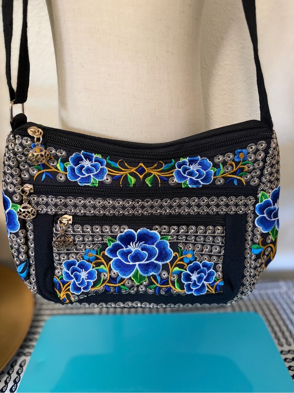 Black Crossbody Bag with Blue Floral Embroidery